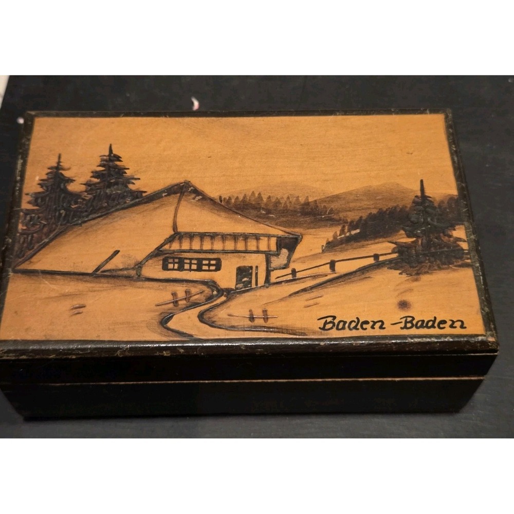 Baden-Baden Germany Pyrography Black Forest Alpine Trinket Box 60s Souvenir Box